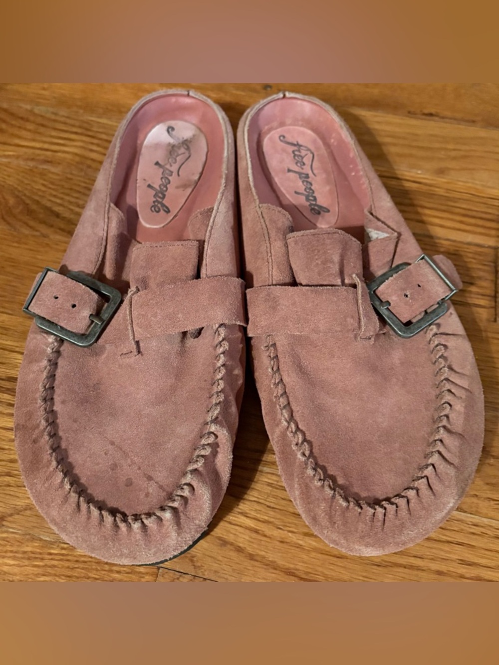 Free People After Riding Sunset Sand Brown Suede Leather Buckle Mules, Size 10